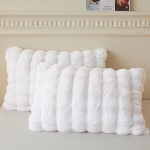 2PK White Fluffy Faux Rabbit Fur Pillow Cases Luxury Soft Plush Shaggy Shams Zip